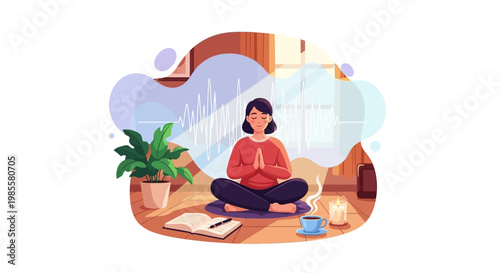 A serene woman meditates in a lotus position on a yoga mat, depicted in a flat vector illustration against a clean white background, creating a peaceful and calm atmosphere with soft