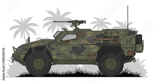 Camouflaged armored military vehicle with mounted machine gun in jungle setting vector illustration in cartoon style daytime