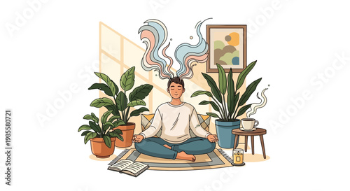 Illustration of a serene man meditating in the lotus position on a woven mat surrounded by potted plants and books in a well-lit room, stylized with soft lines and a calming, pastel color