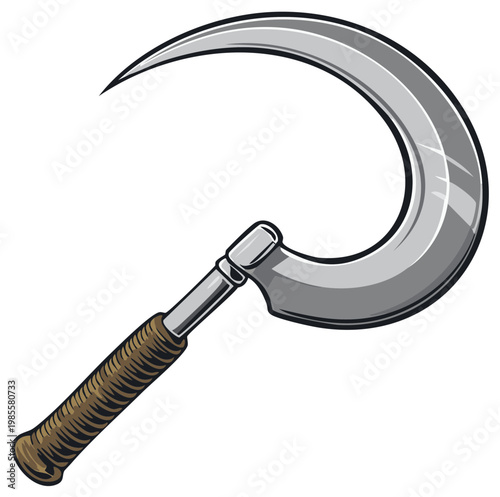 Illustration of a graphic sickle or reaping hook with a wood grip