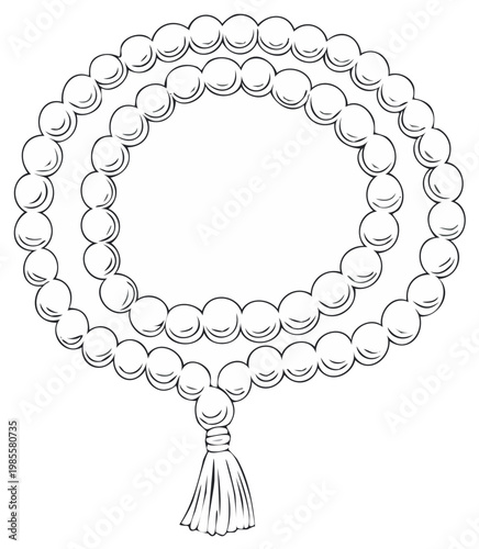 Elegant Rosary Beads Necklace with Tassel Outline Drawing Style for Spiritual or Religious Design Projects
