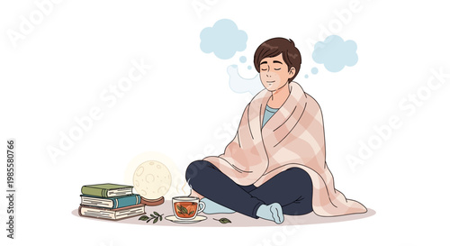 Illustration of a serene young person meditating in a lotus position wrapped in a blanket, with books, tea, and a glowing orb nearby, set against a clean white background with a peaceful