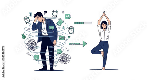 An illustration shows a stressed businessman surrounded by tasks transforming into a woman practicing yoga in tree pose, set against a clean white background with linear progress indicators