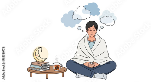 A serene young man meditates cross-legged wrapped in a white blanket, hands in mudra, with dreamlike cloud thought bubbles overhead, depicted in a clean, minimalist vector illustration