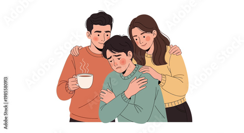 Isolated illustration of a family supporting a sad teenager, with the mother and father embracing him with care against a clean white backdrop, rendered in a smooth vector style that evokes