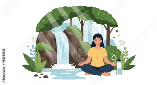 Vector illustration of a serene woman meditating in a lotus position near a waterfall with lush green foliage, depicted in a flat design style with bright, natural lighting and a peaceful