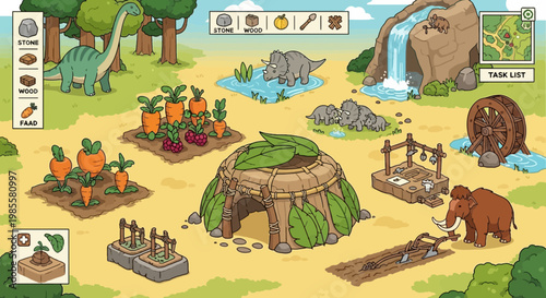 Cartoon prehistoric village scene with dinosaurs mammoth crops and stone age structures in a whimsical style