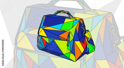 Abstract geometric blue doctor bag illustration with colorful polygonal design and black outlines creating a modern art style visual