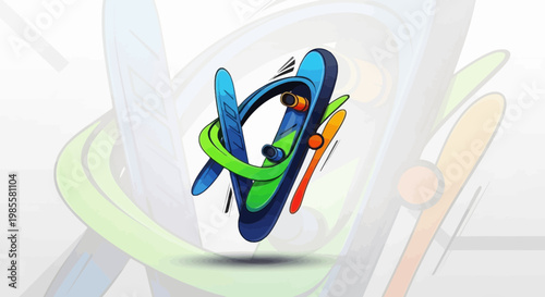 Abstract cartoon style geometric art with a skateboard looping shapes vibrant colors and dynamic angles against an illustrated backdrop