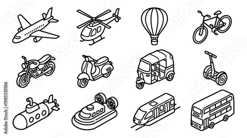 A collection of various modes of transport in simple black and white line art style, including air, land, and sea vehicles for travel and commuting.