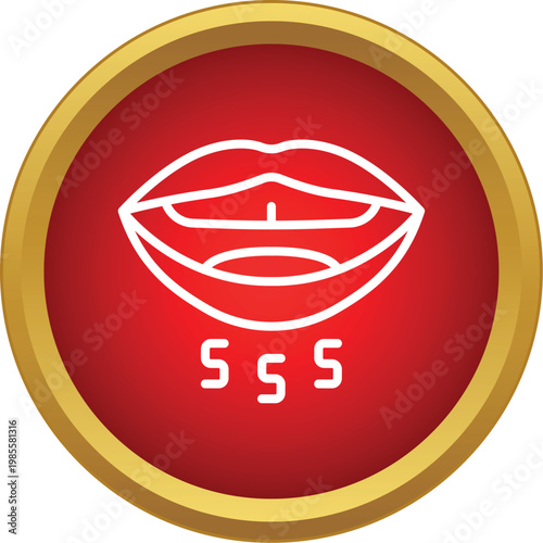 Speaking mouth producing sss sound on a red round button