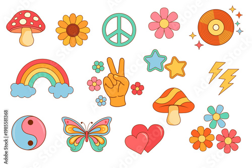 Groovy retro icons set with flowers, rainbow, peace sign, smiley, mushrooms and hearts in colorful flat vector style