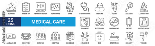 Medical care icon set. Containing check up, heart detector, heart rate, care, stethoscope, medicine and more. Outline vector icons collection.