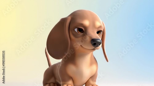 A cute cartoon dachshund sitting and looking right with a cheerful expression against a gradient yellow and blue background.