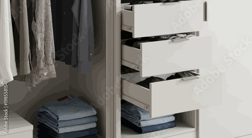 Closet interior organization featuring hanging shirts and folded jeans paired with open drawers in a modern bedroom illustration