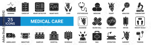 Medical care icon set. Containing check up, heart detector, heart rate, care, stethoscope, medicine and more. Glyph vector icons collection.