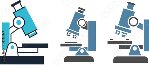 Scientific microscope vector icons set, laboratory research equipment in flat style, blue and grey medical microbiology tools for science education