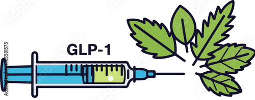GLP-1 weight loss injection vector icon, medical syringe with green leaves, natural appetite suppressant medication concept for diabetes treatment