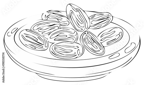 Dates in a bowl, black and white line art