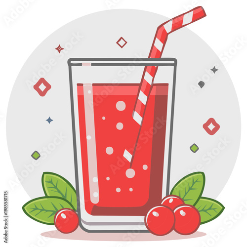 Cartoon illustration of a refreshing glass of red berry juice with a straw and fruit