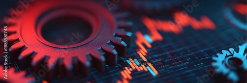 Close-up of mechanical gears with digital data and charts overlay, symbolizing technology and industrial innovation.