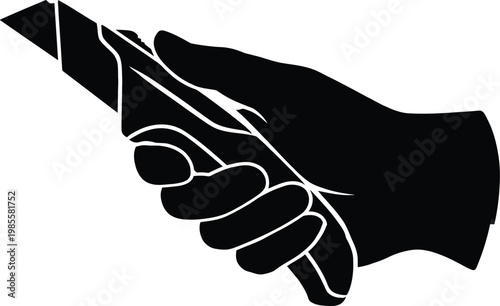 Black silhouette hands holding utility knife ready to cut paper or cardboard, symbolizing danger or precision work.