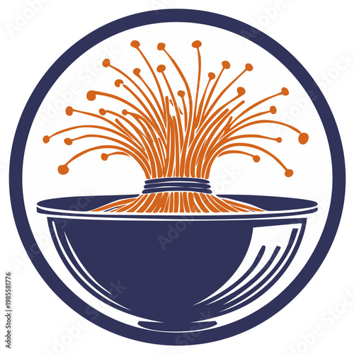 Abstract illustration of an orange wheat sheaf in a blue bowl, a circular emblem for agriculture and food