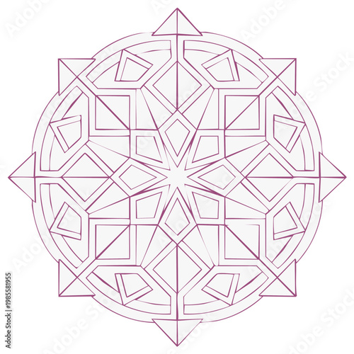 Geometric mandala design with starburst and triangular elements in purple outline