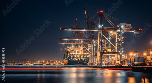 Busy Container Terminal and Cargo Ship at Night