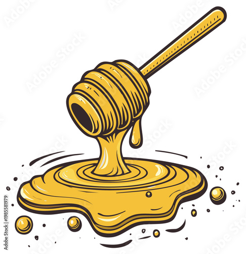 Cartoon style illustration of honey dipper dripping liquid golden honey creating a sweet sticky puddle