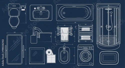 Collection of bathroom fixtures and appliances blueprint style.