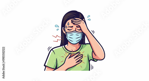 Woman wearing mask, feeling sick with fever, chest pain, and sweating