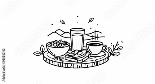 Wholesome breakfast set with cereal, toast, avocado, milk, and coffee