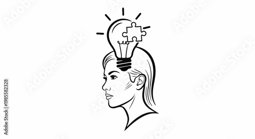 Woman with a bright idea bulb and puzzle piece in her head