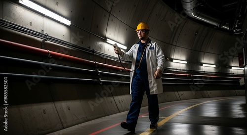 Engineer Inspecting Underground Facility Tunnel