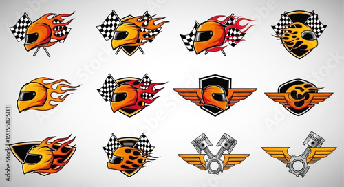 Set of Racing Emblems and Icons with Helmets and Flags.