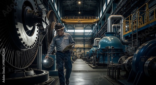 Engineer Inspecting Turbine in Industrial Power Plant