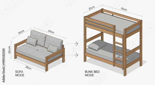 Convertible sofa bunk bed displaying space saving furniture design for small living; isometric furniture illustration in sofa and bunk bed mode