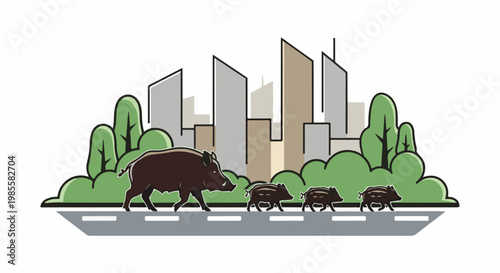 Wild pigs and young walk across a city road with abstract buildings