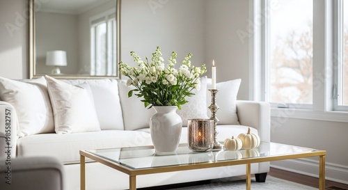 Elegant White Living Room with Gold Coffee Table and Flowers