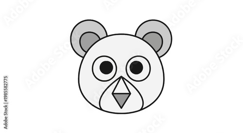 Cute cartoon bear head illustration with round eyes and triangle nose in gray and white minimalist animal vector icon isolated