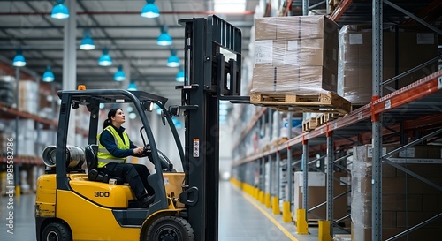 Female Forklift Driver Operating in Modern Warehouse