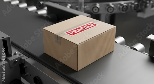 Fragile Cardboard Box on Industrial Conveyor Belt