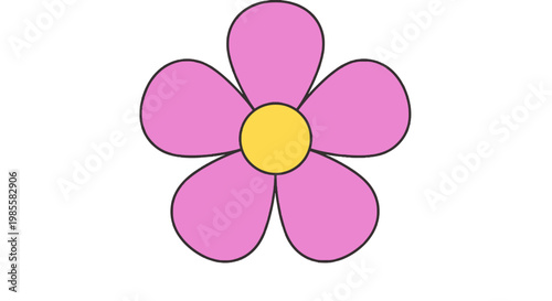 Cute pink flower illustration with yellow center simple cartoon style isolated on white whimsical floral design element for spring projects