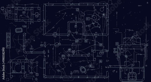 Blueprint style technical drawing of interior space with interconnected paths and wiring schematics in dark blue hues