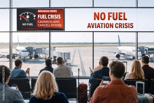 Aviation crisis concept, group of European type adult passengers waiting at airport with flight cancellations screens, worried mood, airplanes outside window, photo, copy space, travel disruption