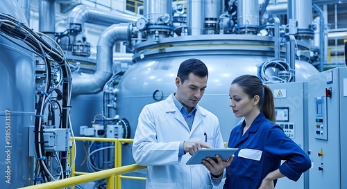 Industrial Engineers Collaborating in Modern Factory