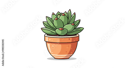 Cartoon style succulent plant in a pot illustration: vibrant green echeveria with detailed textures in a cute orange pot