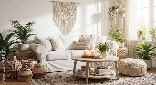Boho Chic Living Room with White Sofa and Indoor Plants