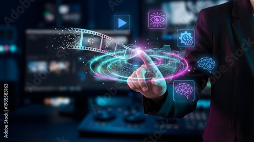 Digital Director Finger Interacting with Glowing Generative AI Synthetic Media Interface